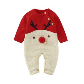 Verve Jelly Newborn Baby Girls Boys Christmas Outfit Long Sleeve Knitted Romper Jumpsuit Reindeer Print Bodysuit Onesie Pyjamas Christmas Clothing, red