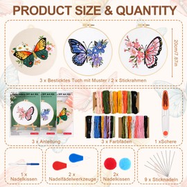 PlsMupn 3 Piece Embroidery Set for Beginners, Butterfly Embroidery Set Adults, Embroidery Kit with 2 Embroidery Hoops, Colour Threads, Scissors, Instructions, Cross Stitch Embroidery Starter Set for