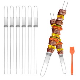 Lightique Kabob Skewers 17inch Ultra Long Metal Skewers for Kabobs with Push Bar Skewers for Grilling Double Fork Anti-Roll kebab skewers Stainless Steel Flat BBQ Skewers for Meat,Vegetable, 6PCS
