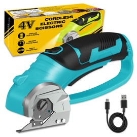 Cordless Electric Scissors, 4V Box Cutter & Cardboard Cutter with Upgrade Blade, LED Light, Safety Lock - Rechargeable Rotary Cutter for Fabric, Leather, Plastic, Sewing, Industrial (Aqua Blue)