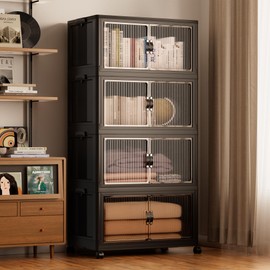 Jalove 120Gal Large Storage Bins with lids, 480QT Plastic Stackable Storage Containers with Wheels, Collapsible Closet Organizer and Storage Drawers,Clothes Organization for Cabinet Home, 4Pack Black