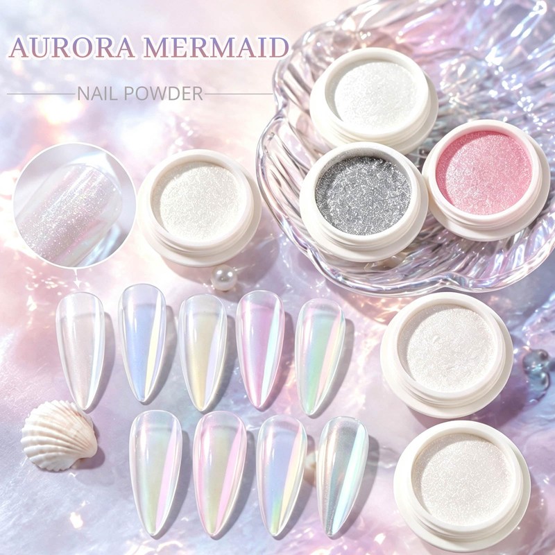 Aurora Chrome Nail Powder, 8pcs Iridescent Mirror Effect with Sponge