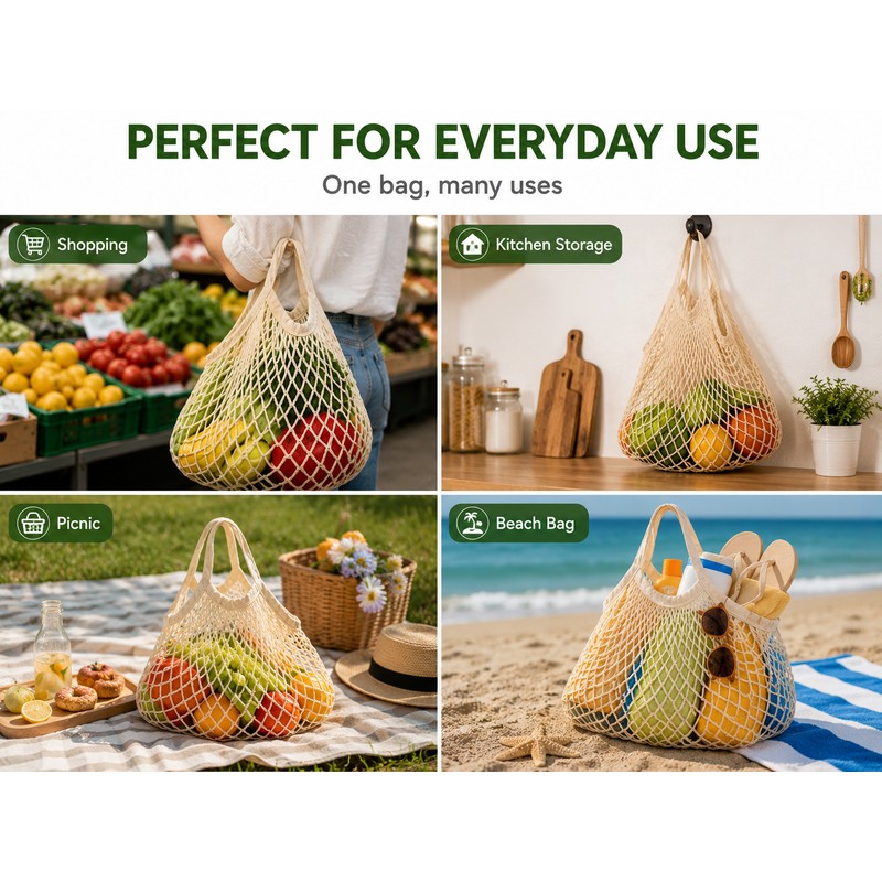 5-Pack Beige Cotton Reusable Mesh Shopping Bag 20cm