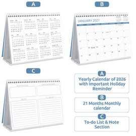 SKYDUE Desk Calendar 2026-2027, April 2026 to Dec 2027, 21 Months Small Desk Calendar with Planner Stickers, 10" x 8" Desktop Calendar Planner Standing Flip, Blue