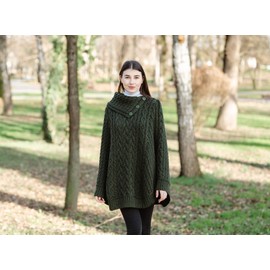 SAOL 100% Merino Wool Cowl Neck Button Poncho for Ladies (L-XL,Army Green)