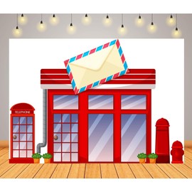 CORFOTO 5x3ft Cartoon Post Office Backdrop Post Office Door Front Backdrop Mailing Envelope Post Theme Party Decor Backdrop for Photography Birthday School Stage Play Background Photo Booth