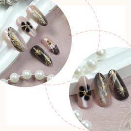 Vopintpy 3D Irregular Pattern Press on Nails Marble Gold Foil Fake Nails with Design Glossy Medium Almond Acrylic Glue on Nail Gold Star Leaf Stick on Nail for Women DIY Manicure