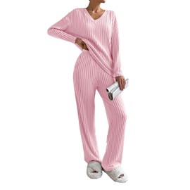 SHEWIN lounge sets for women Pajamas for women set sweater V-neck knit Matching Loungewear Sleepwear hot pink XL