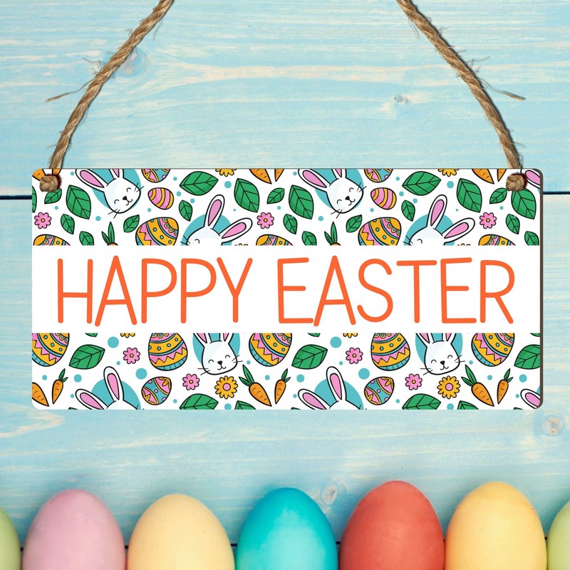 Happy Easter Vibrant Wooden Rectangle Plaque - Easter-Themed Decor for