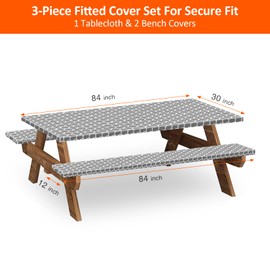 KENOBEE 7ft Picnic Table and Bench Fitted Cover, 84" Flannel Backing Elastic Edge Waterproof Wipeable Plastic Cover Fitted Vinyl Tablecloth for Home Goods Indoor Outdoor Patio, Gray-White Moroccan