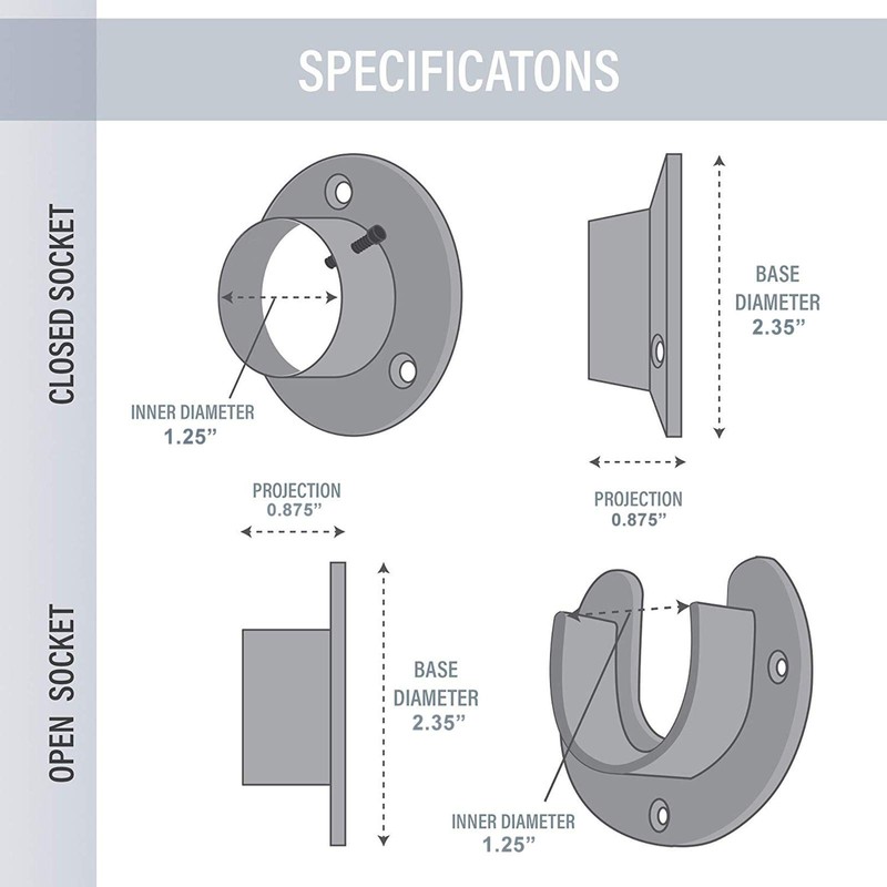 Wideskall Heavy Duty Stainless Steel Closet Pole Sockets Rod End