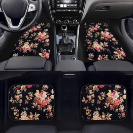 FUIBENG Art Flowers Pattern Car Floor Mats Front Rear Premium Carpets Mat, Set of 4 Floral Auto Foot Mats Universal Fit Vehicles