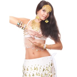Gypsy Costume Women Belly Dancer Jewelry Belly Dance Hip Scarf with Coin, Gypsy Headpiece Gold Necklace Earrings Bracelets (White)