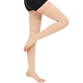 Wegitcs 20-30 mmHg Compression Stockings for Women & Men, Open Toe Thigh High Medical Compression Socks, Support Graduated Compression Hose Sock for Treatment Varicose Veins Swelling(Beige,XX-Large)