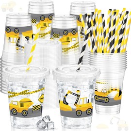 Teenyyou 50 Pcs Party Cups 12 oz Disposable Plastic Cups with Straws, Lids and Leakproof Paper Clear Cup Birthday Cups Supplies Birthday Table Decorations Party Favor (Yellow,Construction)