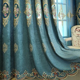 Amidoudou 1 Pair European Luxury Jacquard Hollow Curtains Embroidered Chenille Curtains for Living Room Bedroom (Blue,51x90 Inch)