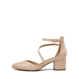DREAM PAIRS Women's Closed Pointed Toe Low Chunky Heels Pumps Ankle Strap Wedding Business Dressy Shoes SDPU2354W Size 10, Nude-Pu