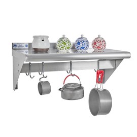 HALLY Stainless Steel Shelf with 4 Hooks 12" x 24" Wall Mounted Pot Rack, NSF Commercial Floating Shelving for Storage Hanging Pots, Pans, cookware in Restaurant, Kitchen, Home and Hotel