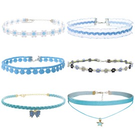 Nova&Aria 5PC Blue Chokers Set For Women Heart Pearl Choker Necklaces Flower Pendant Velvet Cute Choker Necklace Classic Tattoo Colorful Lace Chokers For Teen Girl-05