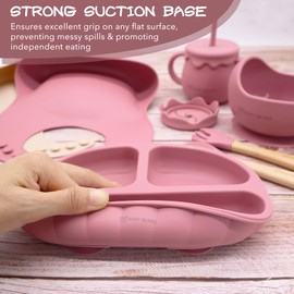 BABY BEARZ Silicone Baby Feeding Set 6+Months Baby Led Weaning Utensils with Adjustable Baby Bibs, Suction Bowl, Suction Plate, Baby Spoon and Fork,Snack Cup with Straw and Lid (Pink)