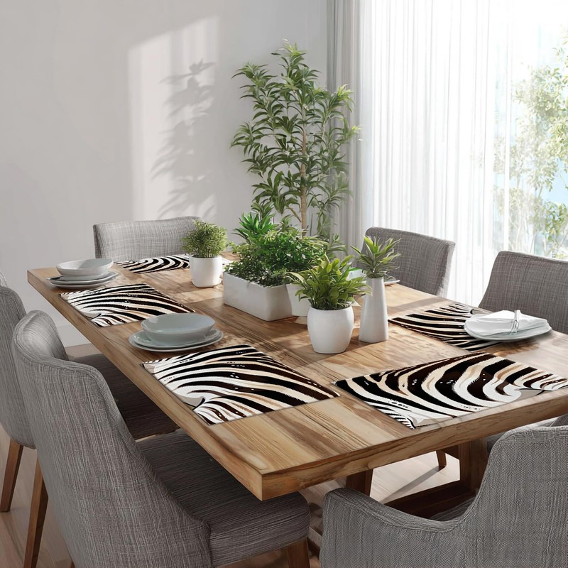 Batmerry Zebra Animal Black Linen Placemats Set of 8, Black