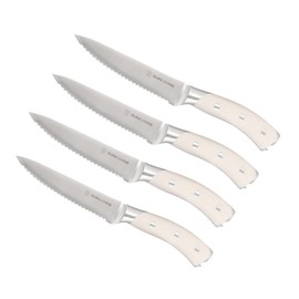 DURA LIVING 4-Piece Serrated Kitchen Steak Knife Set – Forged High Carbon Stainless Steel, Ultra Sharp, Ergonomic Black Handles, Durable Dinner Knives, Cream Handle