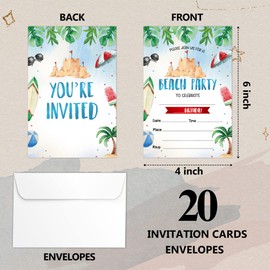 HOUSPEAK Summer Beach Birthday Fill-in Invitations Cards with Envelopes (20 Count)，Retro Surfboard Beach Birthday Party Supplies Decorations, Birthday invites for Boys/Girls - A38
