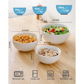 HASENSE Ceramic Ribbed Nesting White Bowls 1.5/1/0.5 Qt For Kitchen, Cooking, Baking and Serving Salad Bowls for Pasta, Small Mixing Bowls of 3, Modern Space Saving Dishes for Kitchen