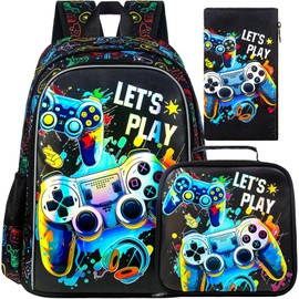 UFNDC 3PCS Boys Game Backpack, Kids Bookbag with Lunch Box, Water Resistant School Bag for Elementary Preschool Toddler