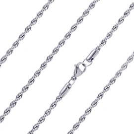 Ardú Mens Rope Chain - 20 inch, 3mm Stainless Steel Plated | Plain Silver, Heavy Jewellery for Men