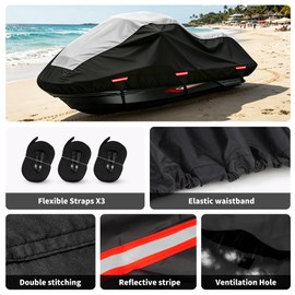Waterproof Jet Ski Cover with Air Vents & Reflective Strips, Fits 126 to 135 Inches, 2-3 Seater PWC, Compatible with Kawasaki Yamaha (Black and Gray)