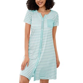 Marvmys Women’s Nightdresses Soft Cotton Nightshirt Stripe Sleep Dress Button-Up V Neck Sleepwear Nightgown Summer Loungwear A-Light Green M