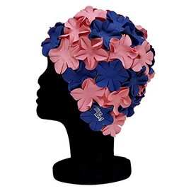 Blue Reef Isla Floral Ladies Classic Retro 3D Flower Petal 2 Colour Stylish Vintage Swimming Hat Swim Cap One Size Adults (Navy Blue/Pink)
