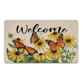 Livcoz Spring Summer Butterfly Floral Welcome Front Door Mat, Yellow Daisy