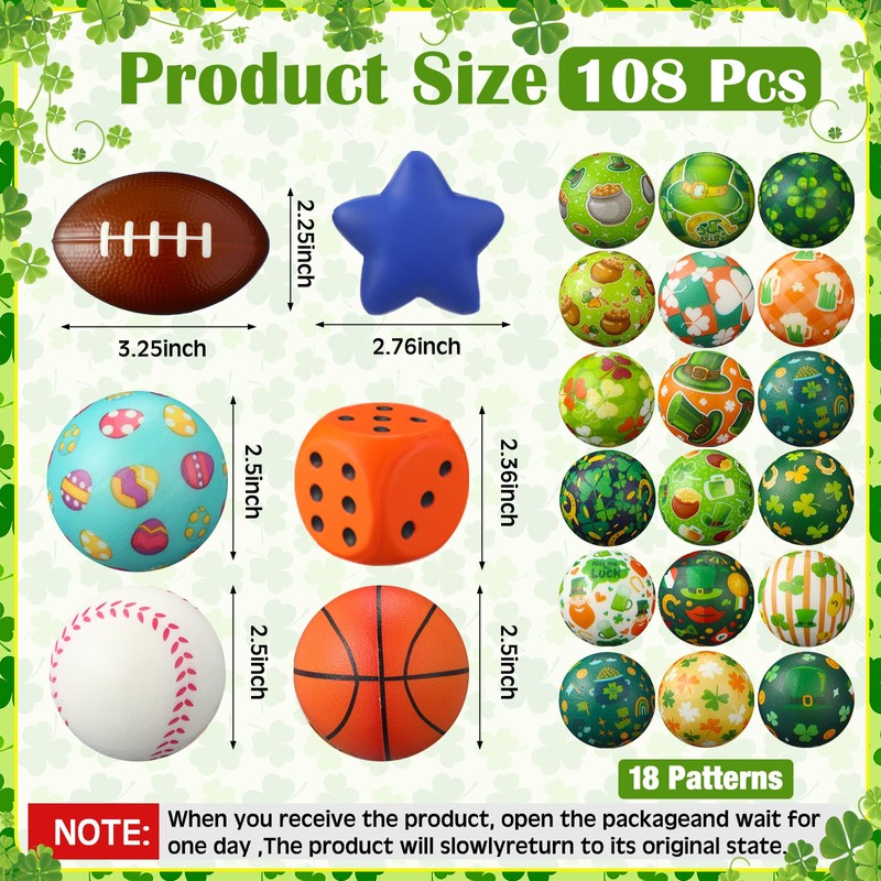 Gejoy 108 Pcs St. Patrick's Day Stress Balls Bulk Shamrock