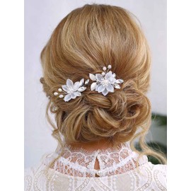 Heread Flower Wedding Hair Clips Silver Leaf Hair Barrette Crystal Hair Pins Bridal Hair Accessories for Women and Girls (Pack of 2)