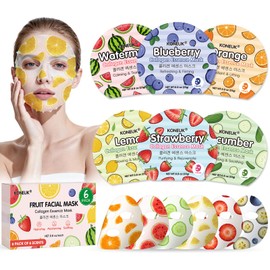KONEUK 6 Pack Colorful Fruit Face Masks Skincare, Sheet Hydrating Face Mask, Collagen Facial Mask for Skin Care, Mothers Day Gifts for Mom, Bulk Teacher Gifts, Nurse Gifts and Spa Party Gifts