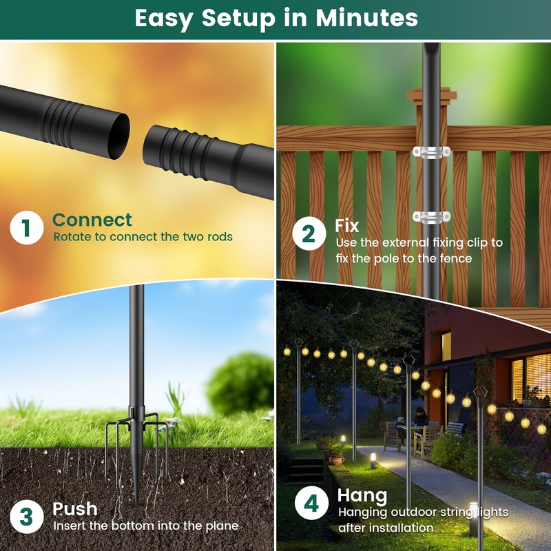 OHLUX 4 Pack 10FT String Light Poles, Outdoor Poles with