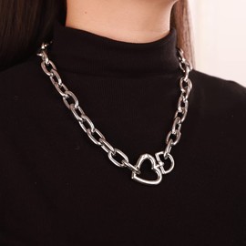 Kercisbeauty Silver Thick Miami Cuban Link Chain Heart Lock Choker Necklace for Women Girls Nightclub Party Statement Fashion Jewelry (Silver)