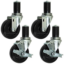 4” Food Prep Table Casters, NFS Certified, Water & Cleaning Solvent Resistant Wheels - Set of 4 (Two Brakes)