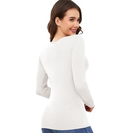 Women's Long Sleeve Thermal Shirts Scoop Neck Underwear Lightweight Base Layer Tops with Warm Fleece Lining (White, Small)