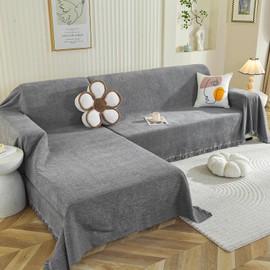 Royhom Sectional Couch Covers 2 Pieces, L Shaped Couch Cover Blanket, Chenille Sofa Covers Washable, Sofa Slipcover with Tassel, Suitable for All Seasons (71"x110"+71"x118", Dark Grey)