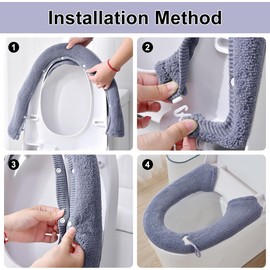 2PCS Toilet Seat Cover, HADEEONG Bathroom Toilet Seat Cushion Soft Plush Thicker Toilet Seat Warmer with Snaps Fixed Stretchable Washable Fiber Cloth Toilet Seat Lid Cover Pads