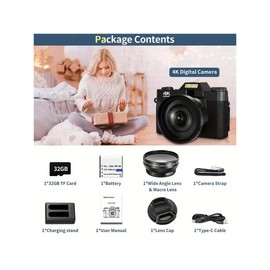 4K Digital Camera For Photography Autofocus 48MP Vlogging Camera For With 3'' 180°Flip Screen 16X Digital Zoom 4K Video Compact Travel Camera With SD Card,Flash, Anti-Shake (Black) - Color: pink