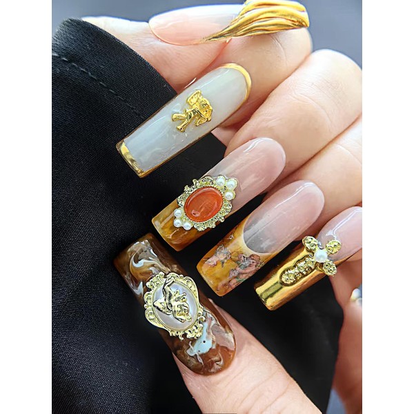 Long Square Coffin Acrylic Fake Nails with Gold Flower，3D Handmade