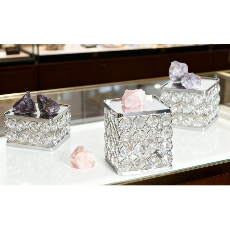 Feyarl 3 Pcs Crystal Jewelry Watch Display Stands Mirrored Risers