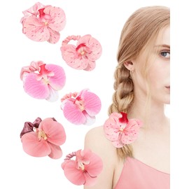 WELROG 6 Pieces Hawaiian Flower Hair Ties for Women - Artificial Tropical Orchid Satin Hair Scrunchies Beach Party Wedding