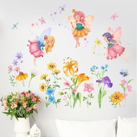 Yovkky Flower Fairy Wall Decals Stickers, Butterfly Girl Elf Wildflower Floral Toddler Baby Nursery Decor, Spring Summer Dragonfly Stars Home Decorations Kids Bedroom Playroom Living Room Art