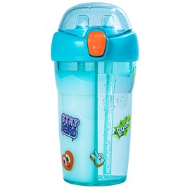 GEITOO Water Bottle with Dual Straw Two Cups, 14 oz Tritan BPA Free Plastic Water Bottle with Carry Strap and Pop-Up Spout LeakProof Cover for family Camping Strolling Shopping with Friends Blue