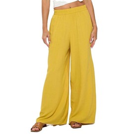 Women Wide Leg Linen Palazzo Pants Regular Waist Boho Flowy Pants with Pockets Travel Trousers - Made in USA(Medium，Mustard)
